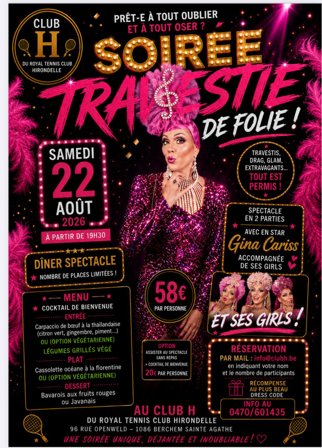 Soirée Travestie de Folie — samedi 22 août 2026 dès 19h30 au Club H